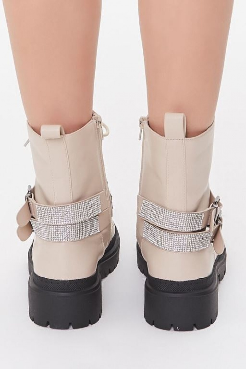 Botas Forever 21 Buckled Rhinestone Combat Booties Mujer Creme | lcXHvria9Yc