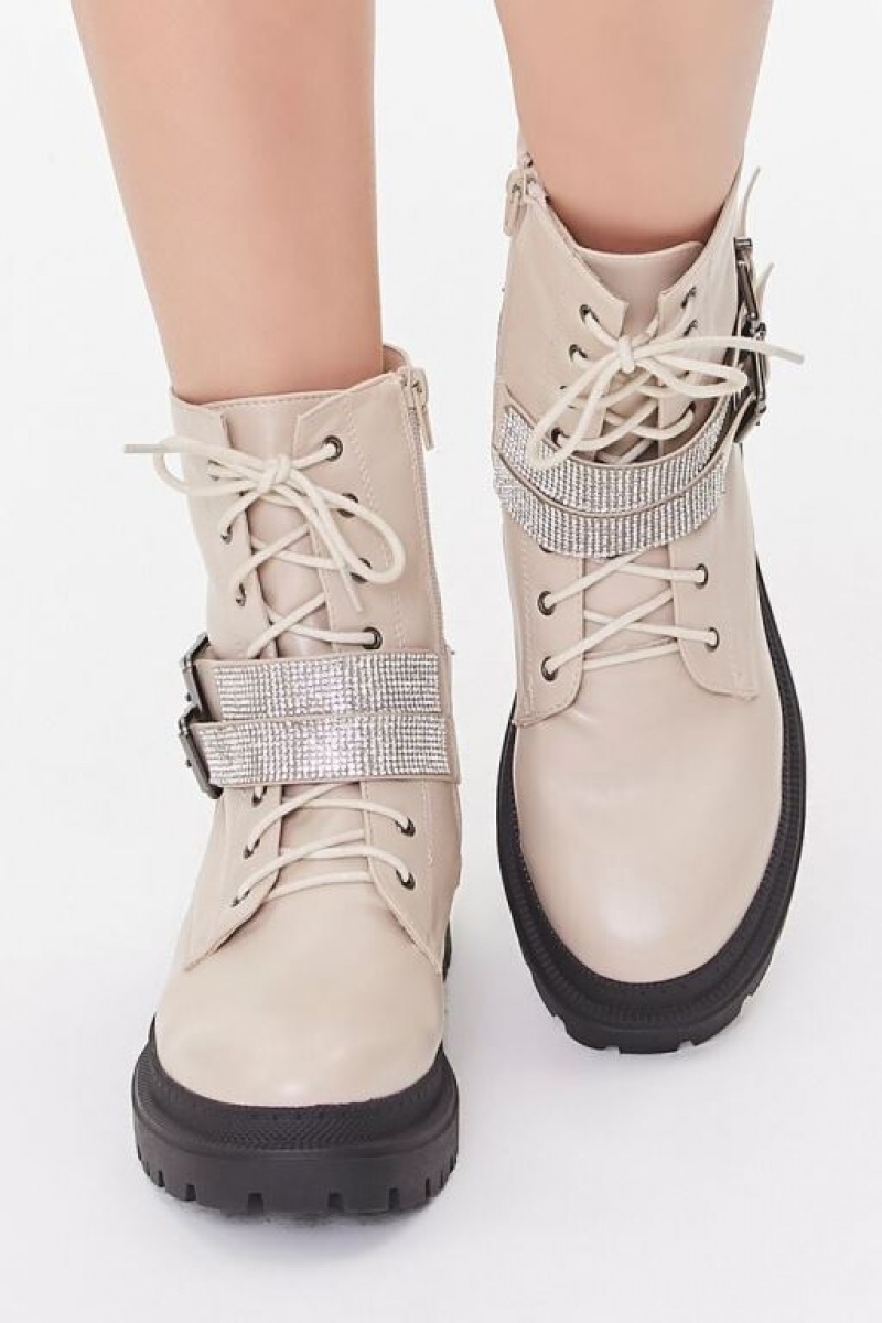 Botas Forever 21 Buckled Rhinestone Combat Booties Mujer Creme | lcXHvria9Yc