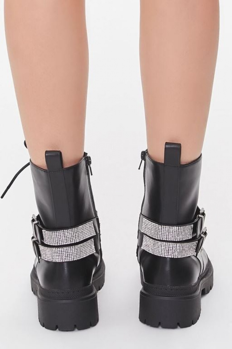 Botas Forever 21 Buckled Rhinestone Combat Booties Mujer Negras | A8T27KVNypc