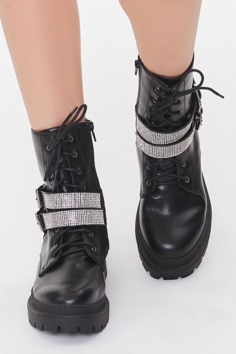 Botas Forever 21 Buckled Rhinestone Combat Booties Mujer Negras | A8T27KVNypc