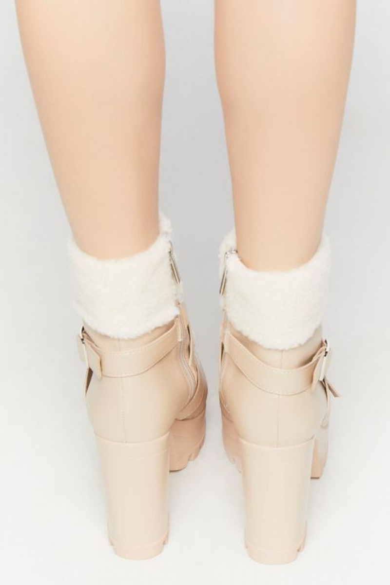 Botas Forever 21 Faux Cuero Amp Shearling Booties Mujer Beige | VZ6QsUyQTAY