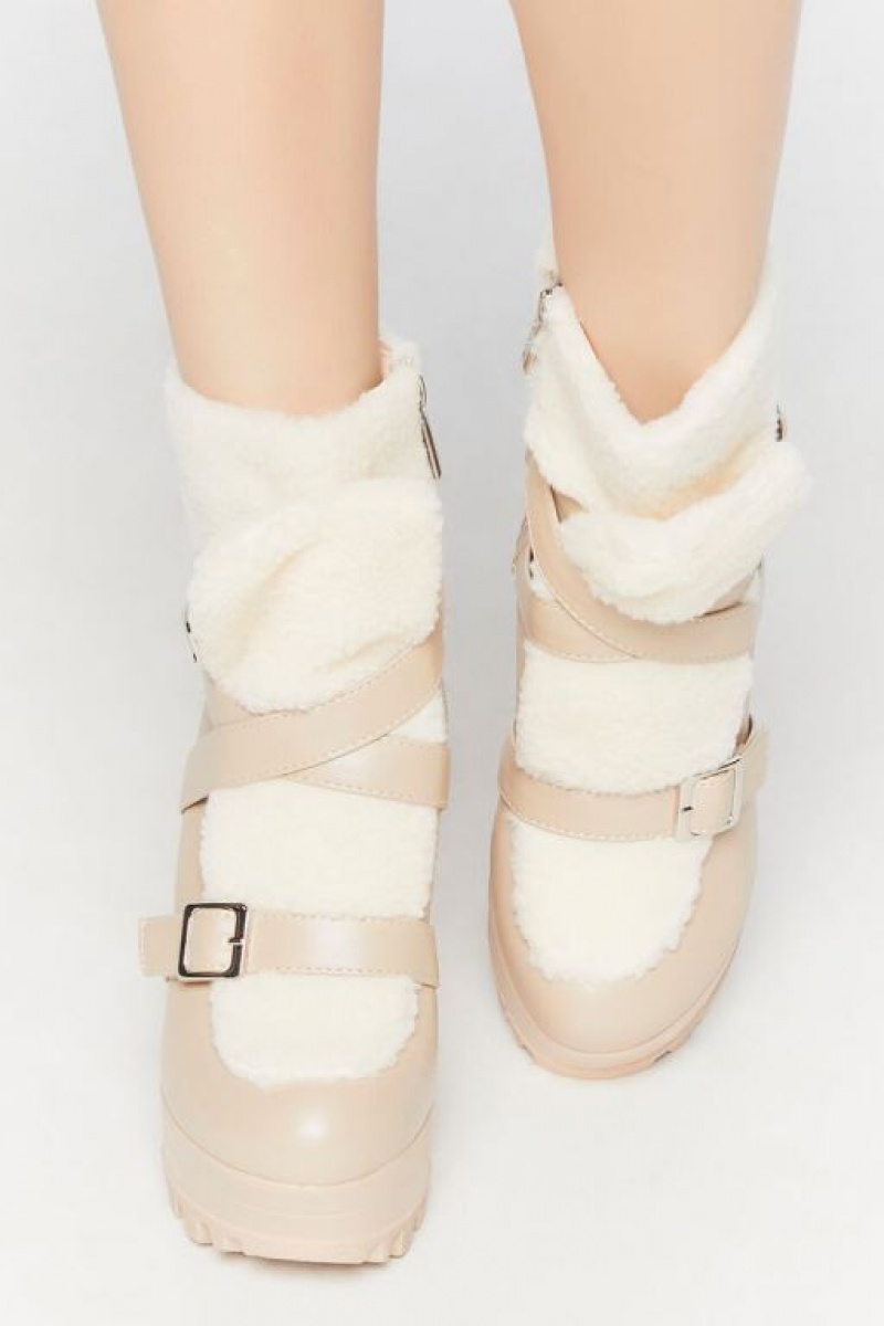 Botas Forever 21 Faux Cuero Amp Shearling Booties Mujer Beige | VZ6QsUyQTAY