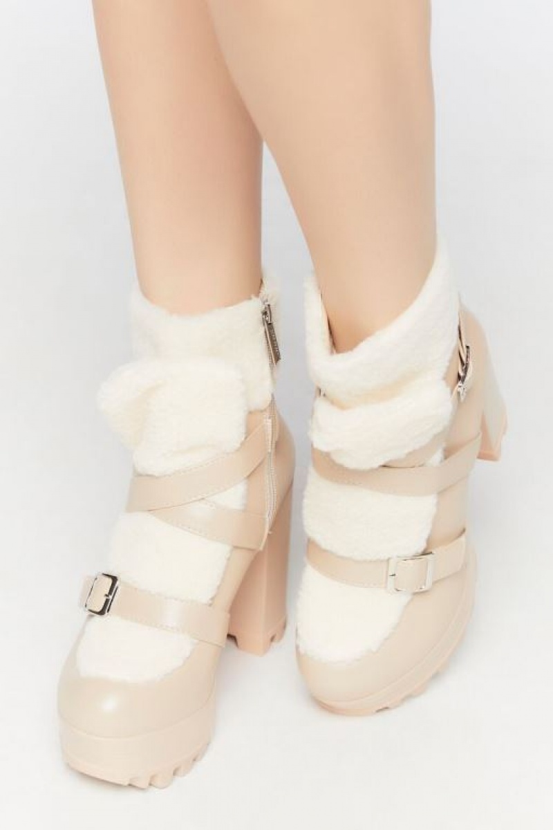 Botas Forever 21 Faux Cuero Amp Shearling Booties Mujer Beige | VZ6QsUyQTAY