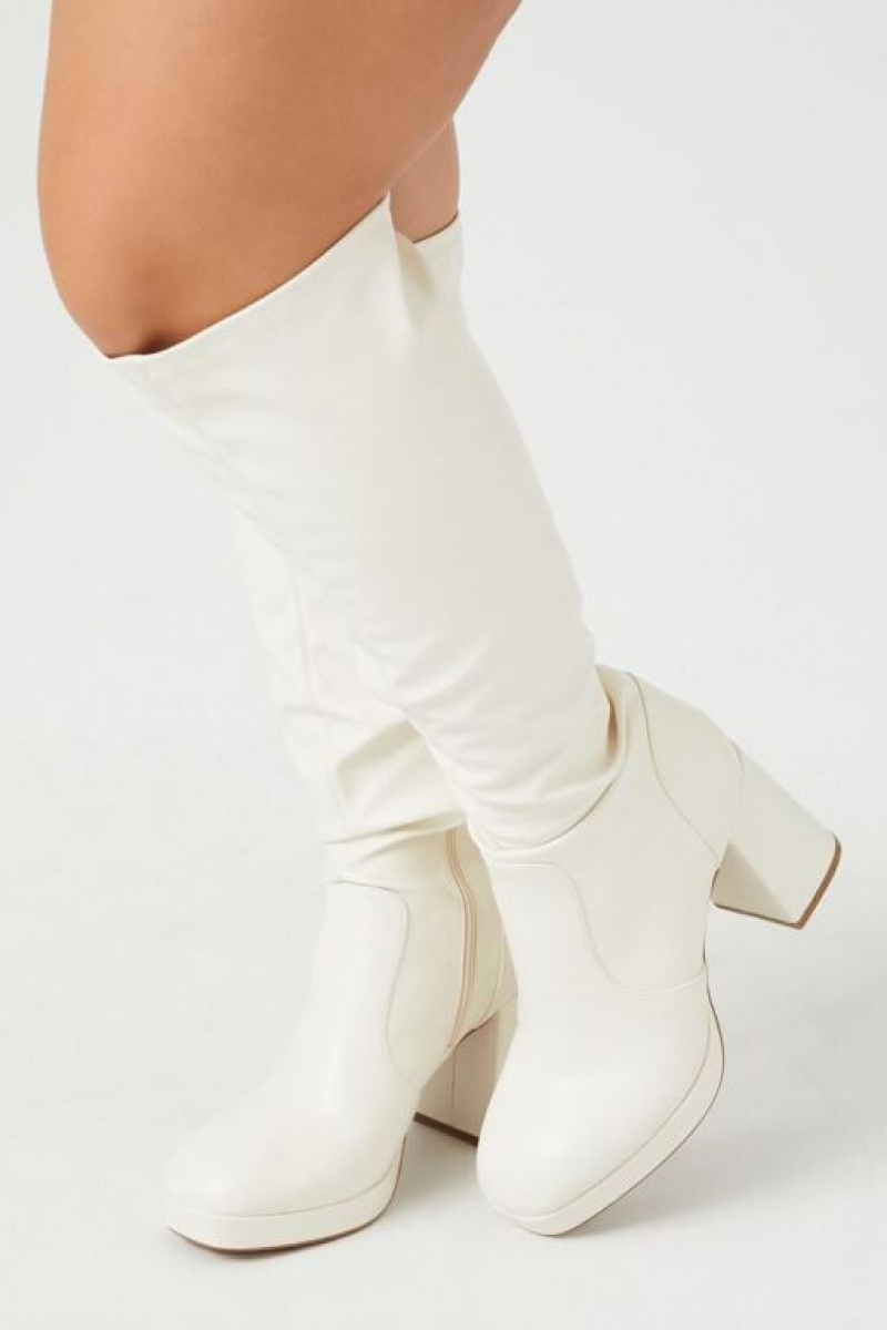 Botas Forever 21 Faux Cuero Block Heel Wide Mujer Creme | b4gHDSqtKem