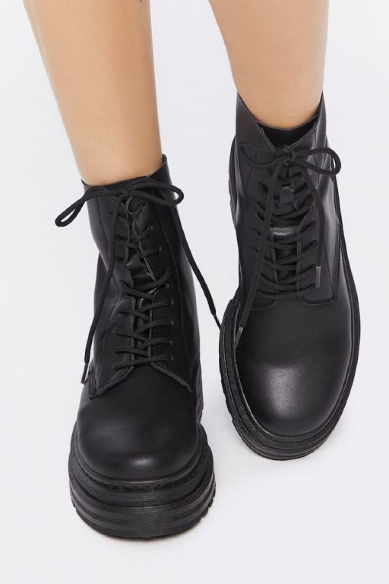 Botas Forever 21 Faux Cuero Combat Mujer Negras Negras | JVmVS9YN8Fd