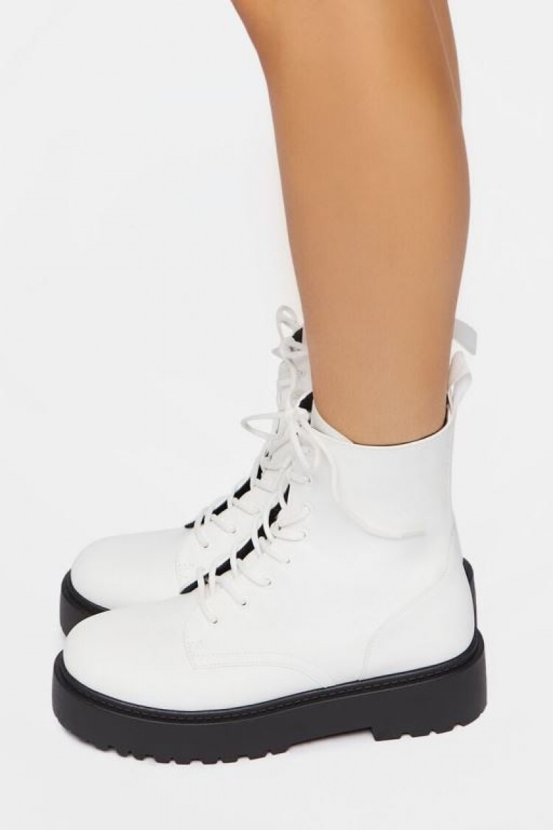 Botas Forever 21 Faux Cuero Combat Mujer Blancas | nLjMeBy3dut