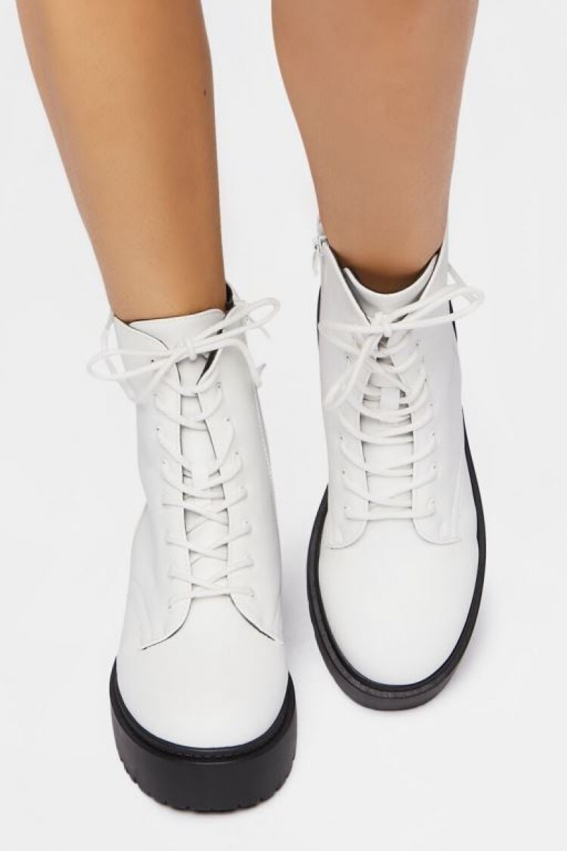 Botas Forever 21 Faux Cuero Combat Mujer Blancas | nLjMeBy3dut