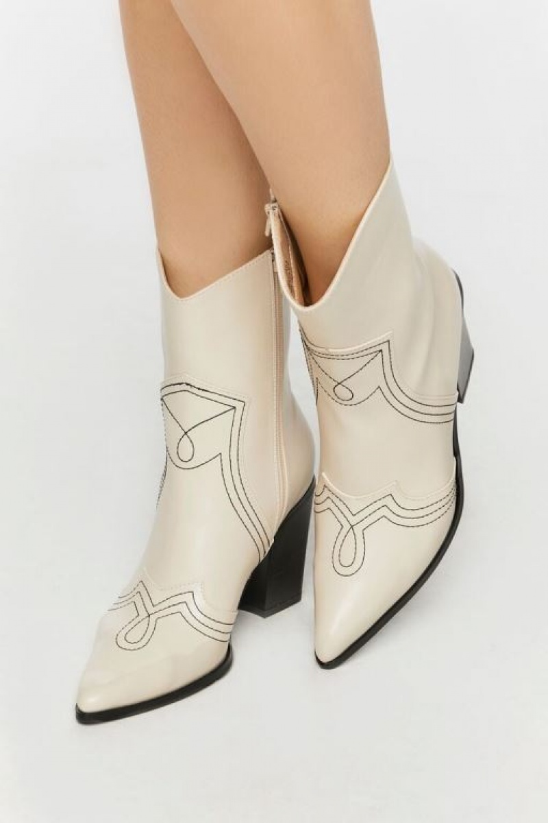 Botas Forever 21 Faux Cuero Contrast Cowboy Mujer Blancas | ckI4TZGZ3Zo