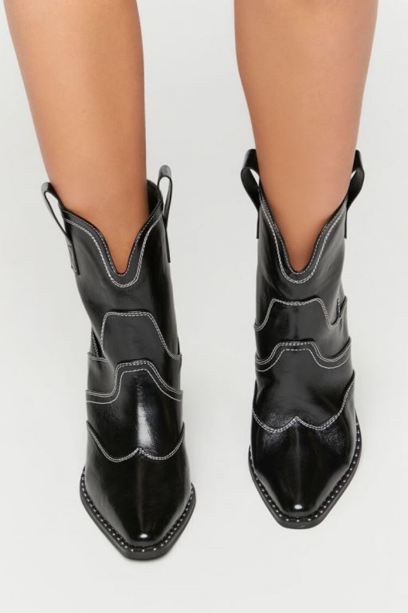 Botas Forever 21 Faux Cuero Cowboy Ankle Mujer Negras | 6NjuPQBh7WZ