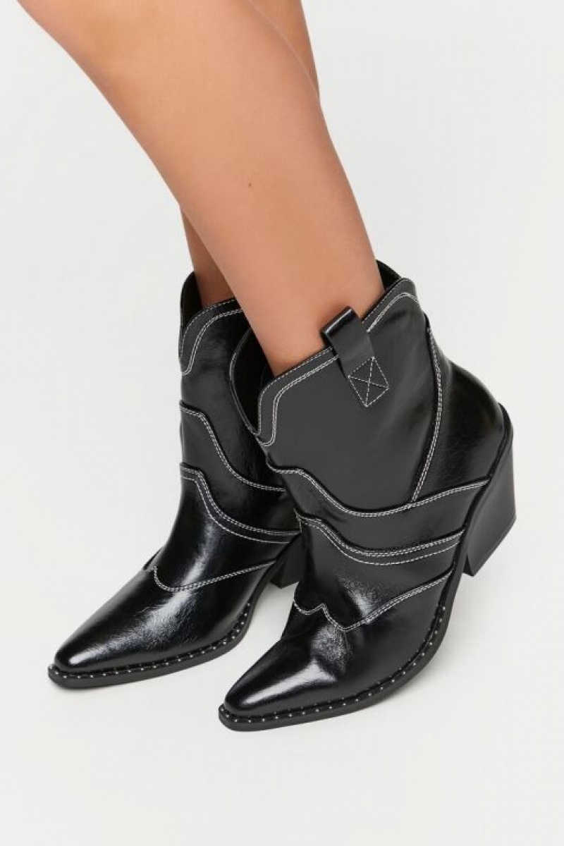 Botas Forever 21 Faux Cuero Cowboy Ankle Mujer Negras | 6NjuPQBh7WZ