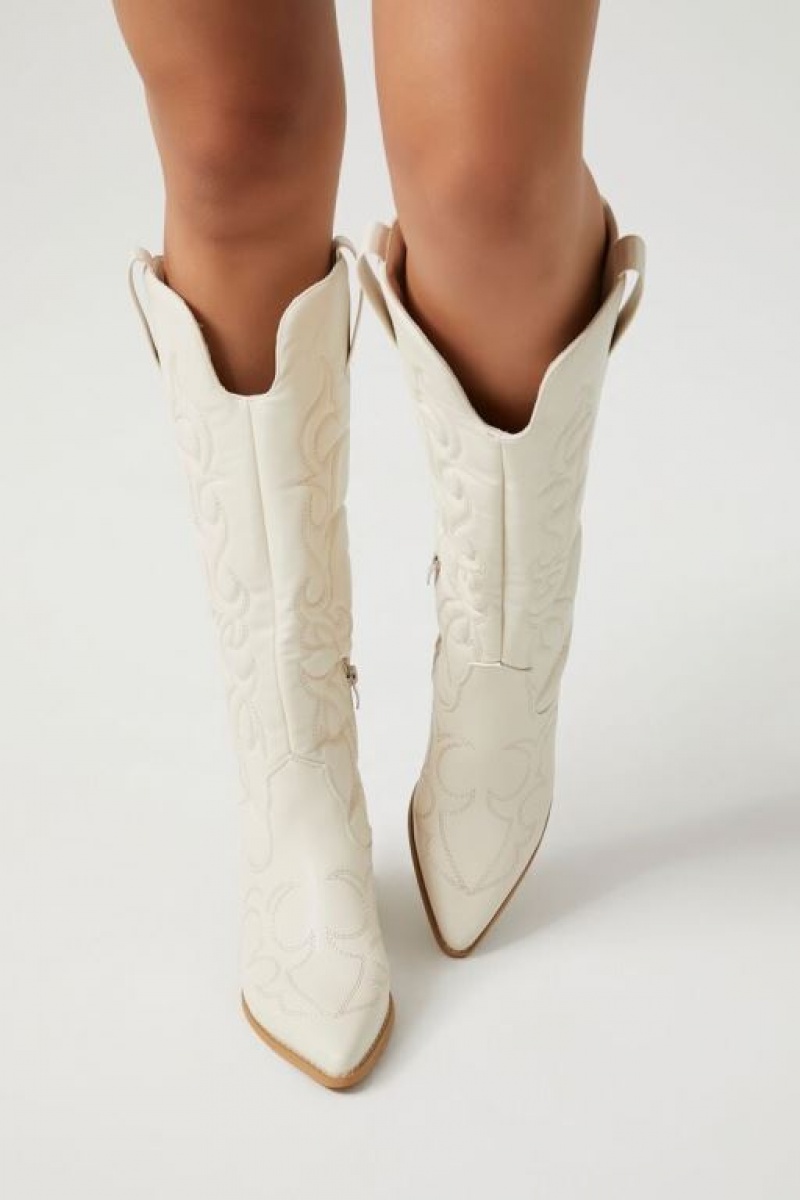 Botas Forever 21 Faux Cuero Cowboy Mujer Beige | 365E6R7ogrB