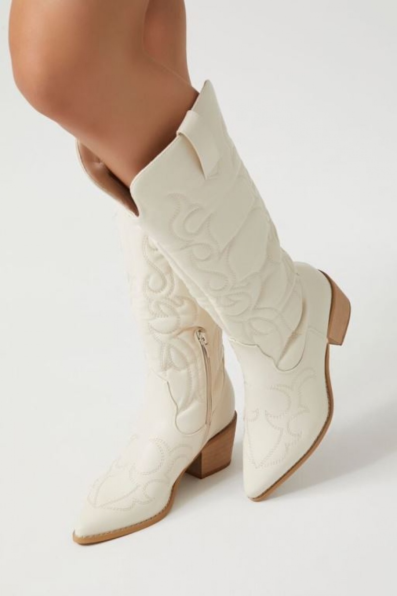 Botas Forever 21 Faux Cuero Cowboy Mujer Beige | 365E6R7ogrB