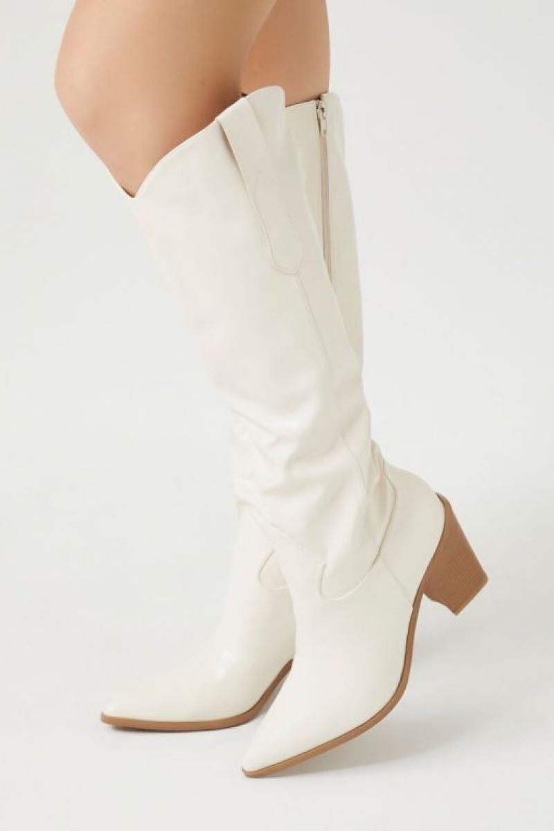 Botas Forever 21 Faux Cuero Knee High Cowboy Mujer Creme | WPpQMWhGNle