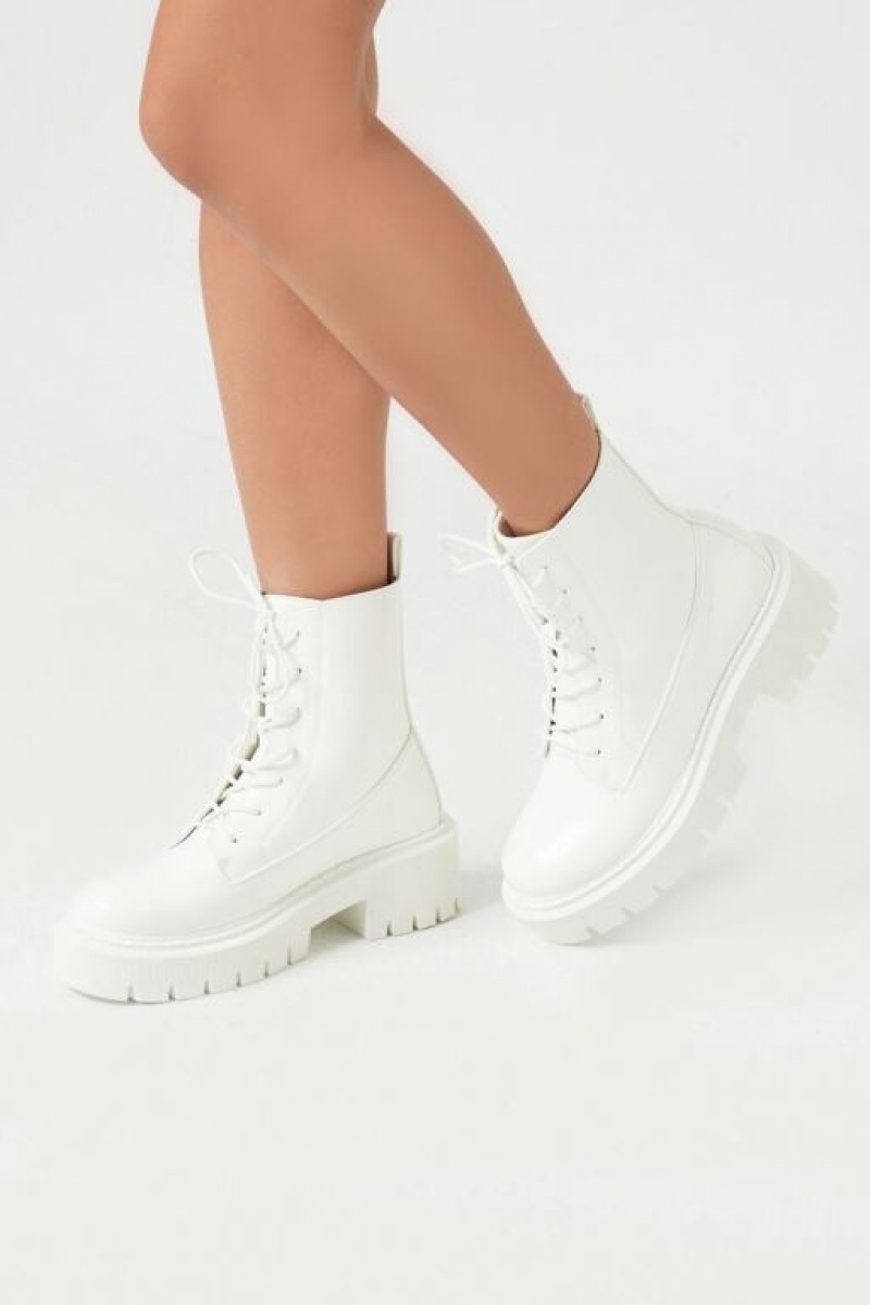 Botas Forever 21 Faux Cuero Lug Sole Booties Mujer Creme | TedSHUVNUJo