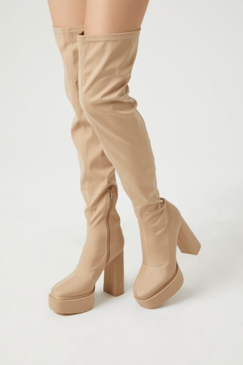 Botas Forever 21 Faux Cuero Over The Knee Platform Mujer Beige | 6s6ZHKmAyHo