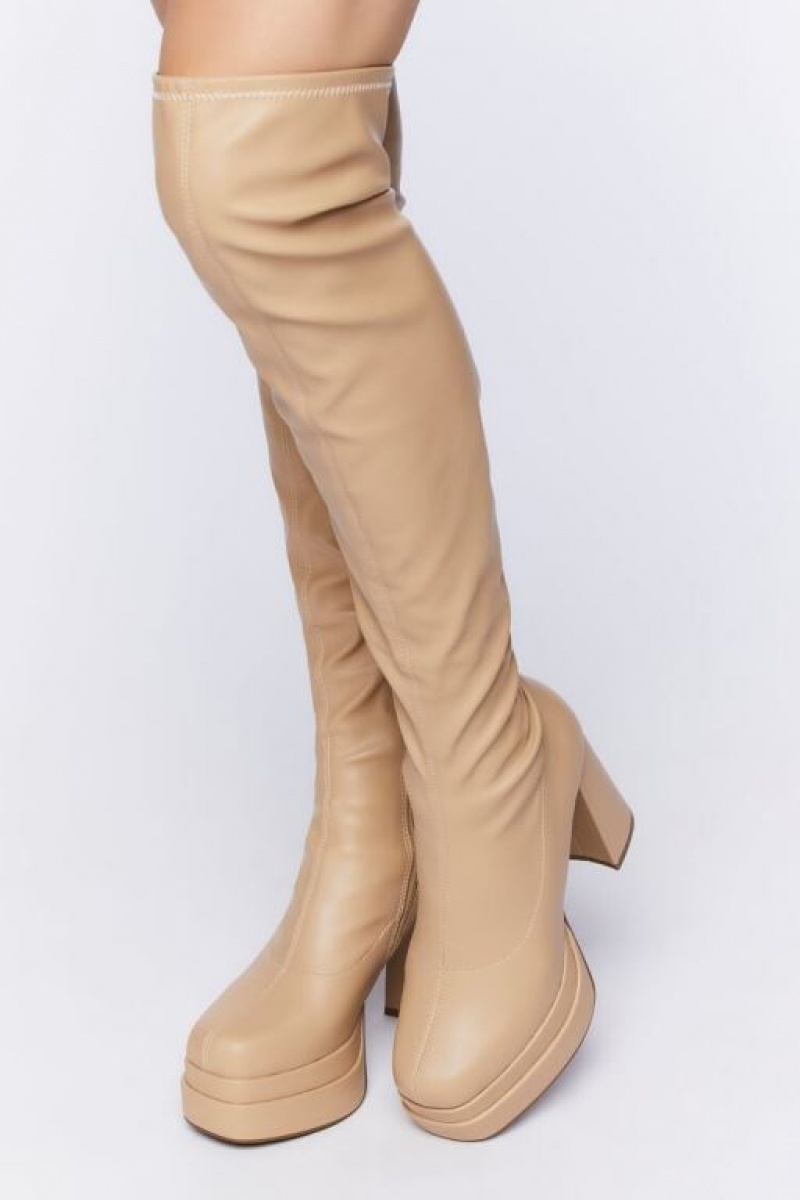 Botas Forever 21 Faux Cuero Over The Knee Platform Mujer Beige | Ua32FMKC3k0