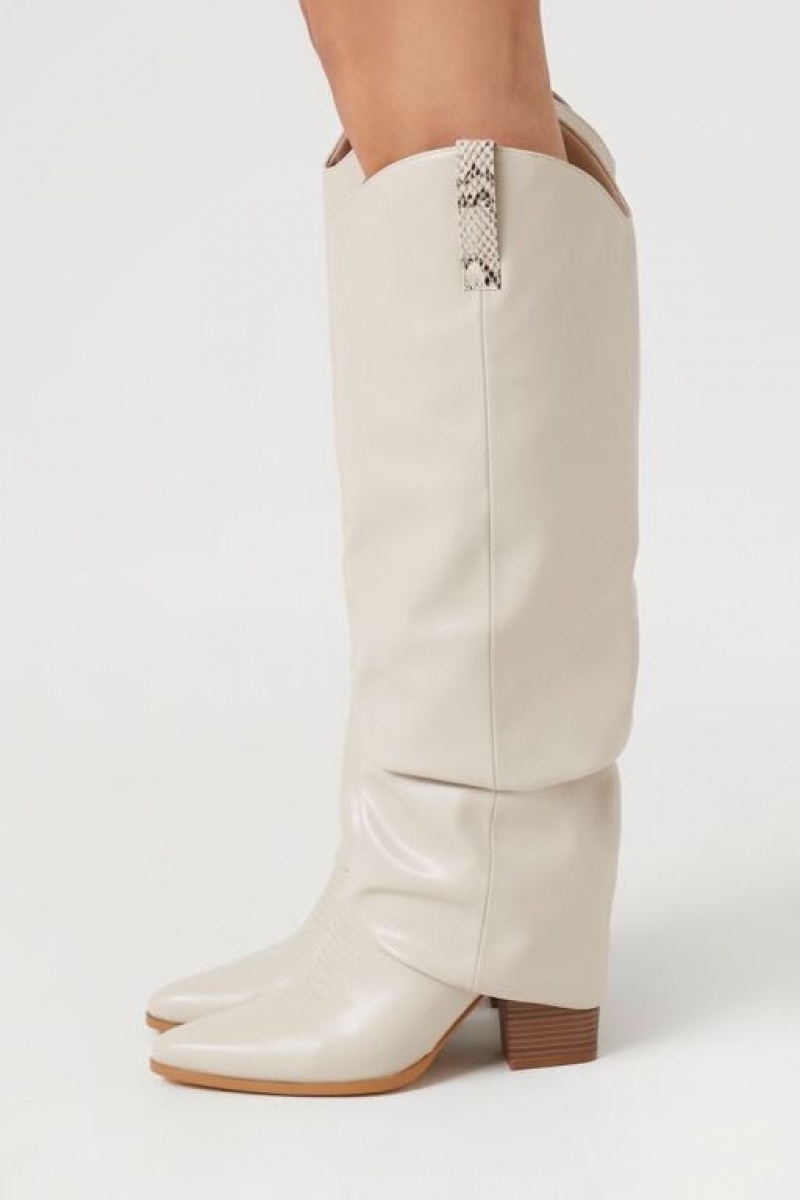 Botas Forever 21 Faux Cuero Overlay Block Heel Mujer Creme | 78IA4JivVYF