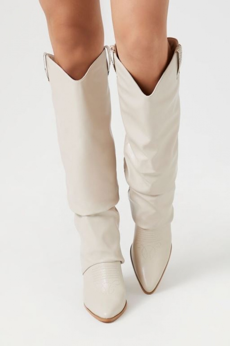 Botas Forever 21 Faux Cuero Overlay Block Heel Mujer Creme | 78IA4JivVYF