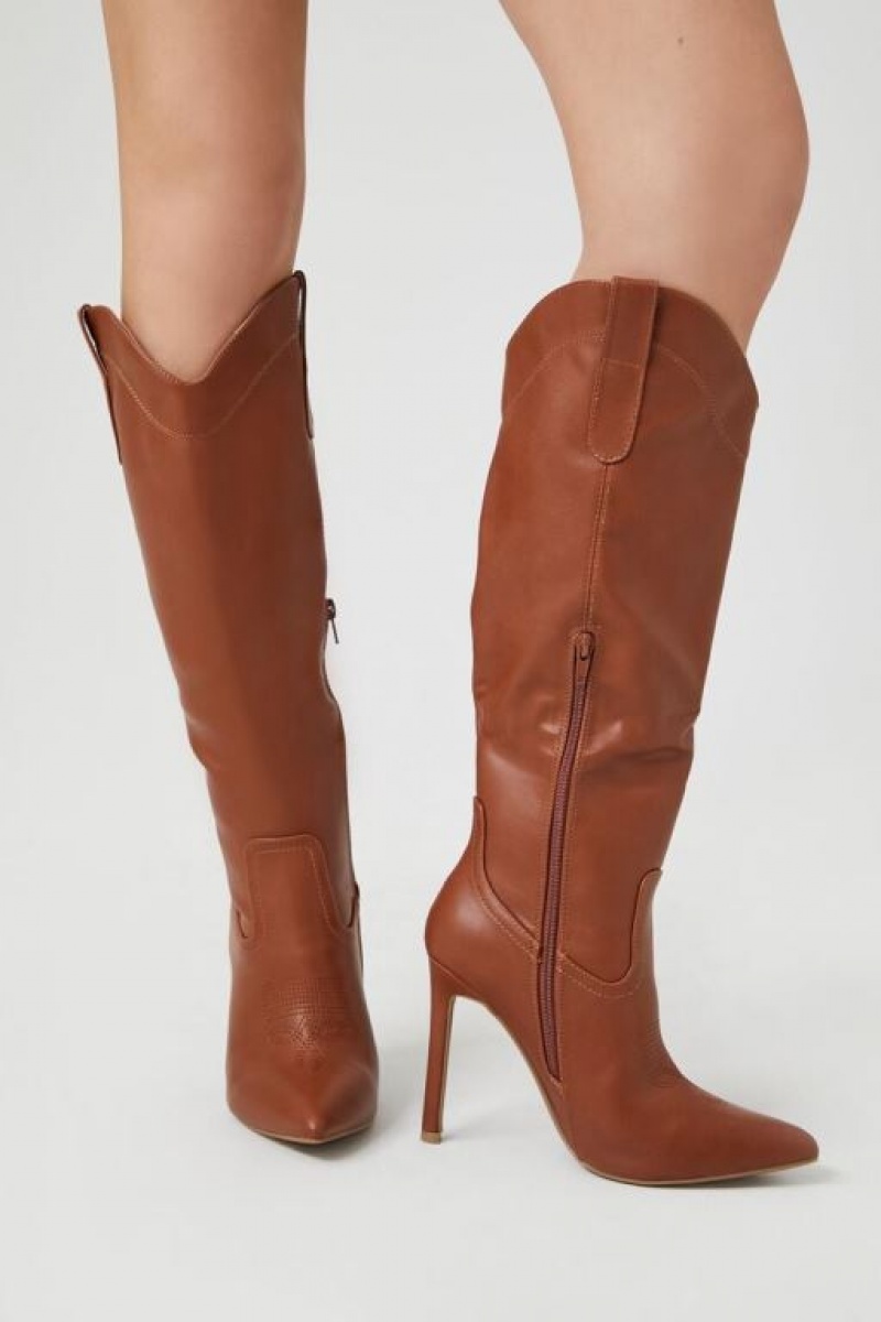 Botas Forever 21 Faux Cuero Pointed Toe Stiletto Mujer Marrones | 0TqiPaqfz9H