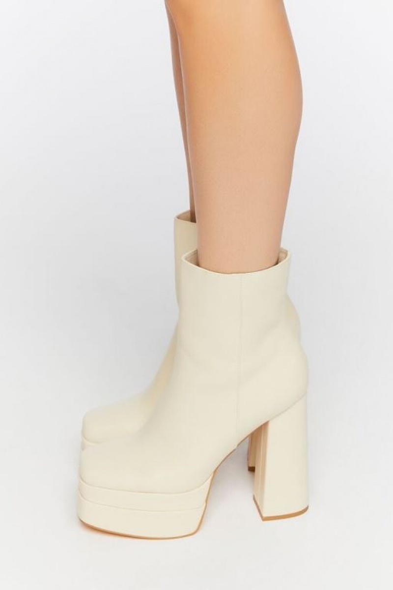 Botas Forever 21 Faux Cuero Stacked Platform Booties Mujer Creme | 0hX8rVic072