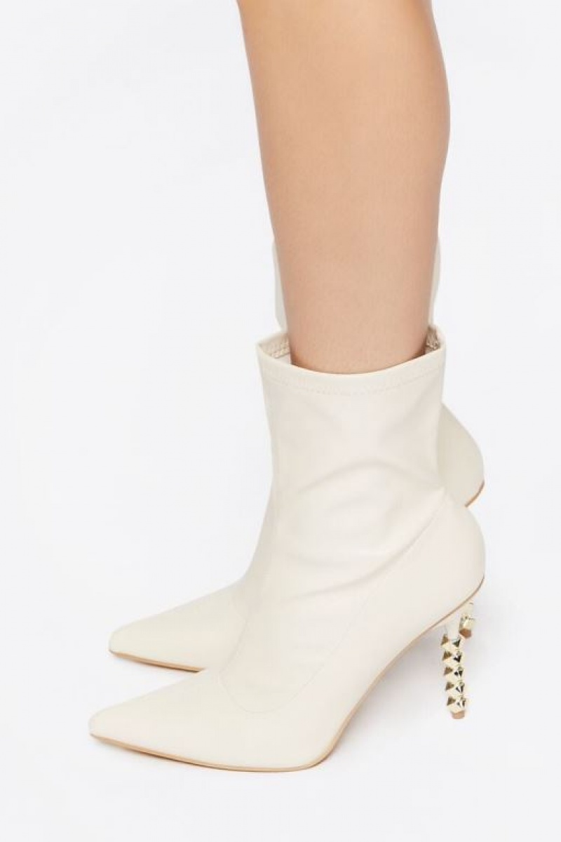 Botas Forever 21 Faux Cuero Studded Heel Booties Mujer Blancas | pXCbEbDuh4d