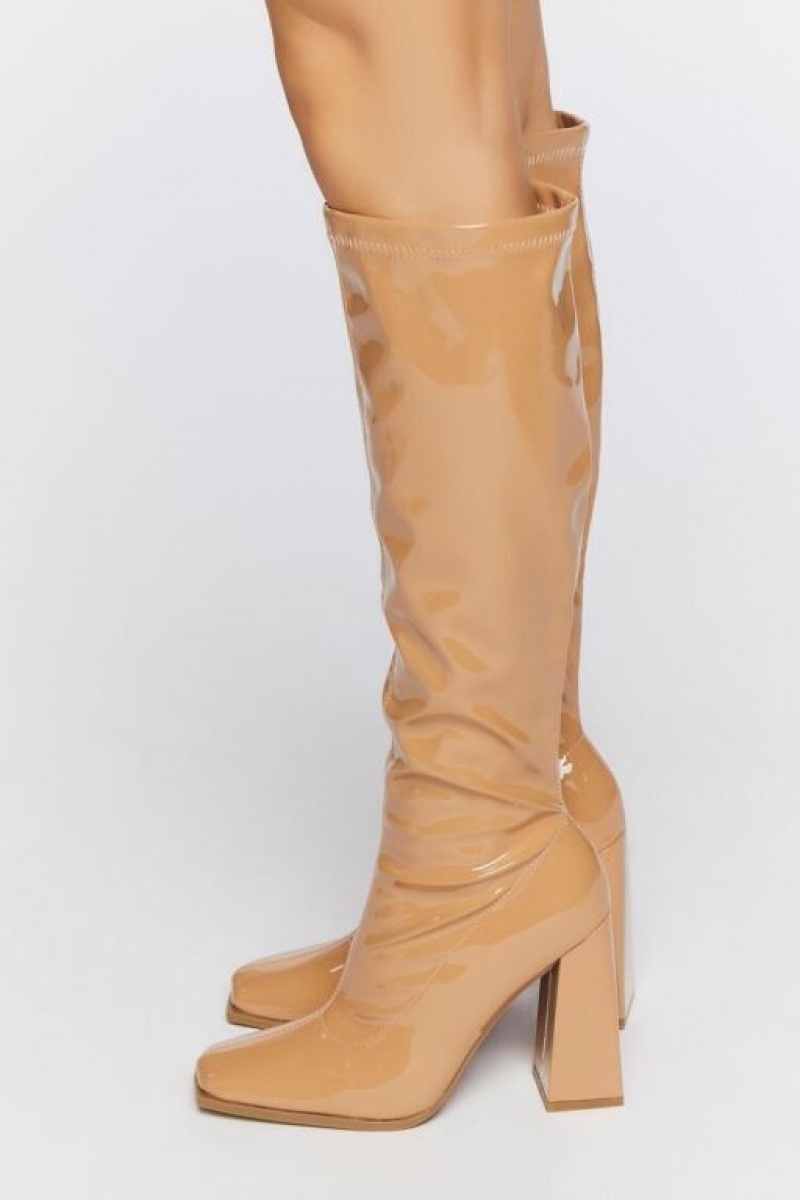 Botas Forever 21 Faux Patent Cuero Knee High Mujer Beige | v7dDmYYsiXN