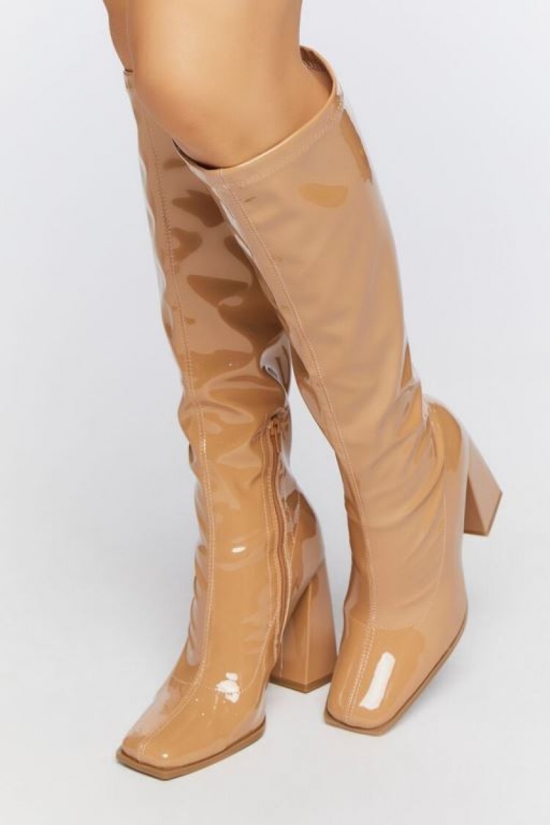 Botas Forever 21 Faux Patent Cuero Knee High Mujer Beige | v7dDmYYsiXN