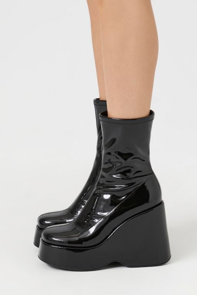 Botas Forever 21 Faux Patent Cuero Wedge Booties Mujer Negras | DzydqwXBDxX