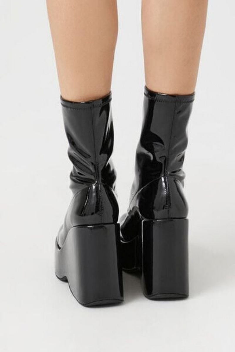 Botas Forever 21 Faux Patent Cuero Wedge Booties Mujer Negras | DzydqwXBDxX