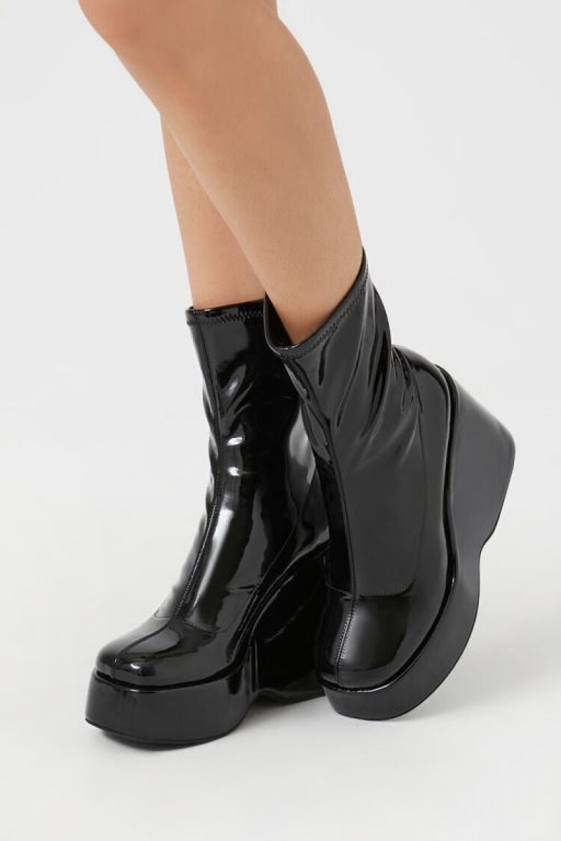 Botas Forever 21 Faux Patent Cuero Wedge Booties Mujer Negras | DzydqwXBDxX