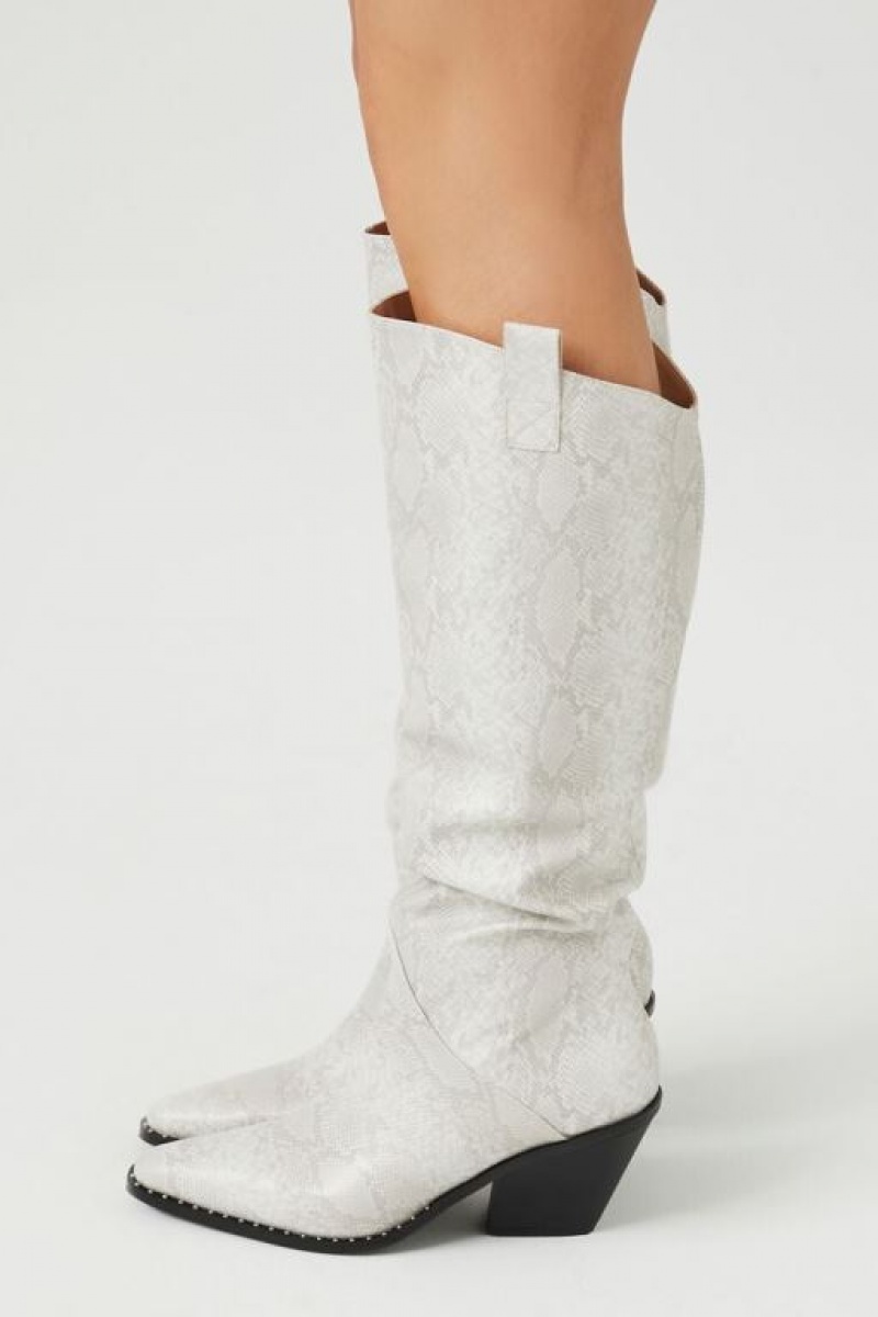 Botas Forever 21 Faux Snakeskin Cowboy Mujer Blancas | nW3DewgjnG4