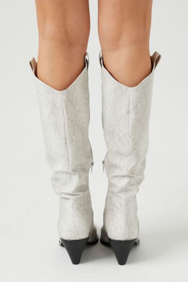 Botas Forever 21 Faux Snakeskin Cowboy Mujer Blancas | nW3DewgjnG4