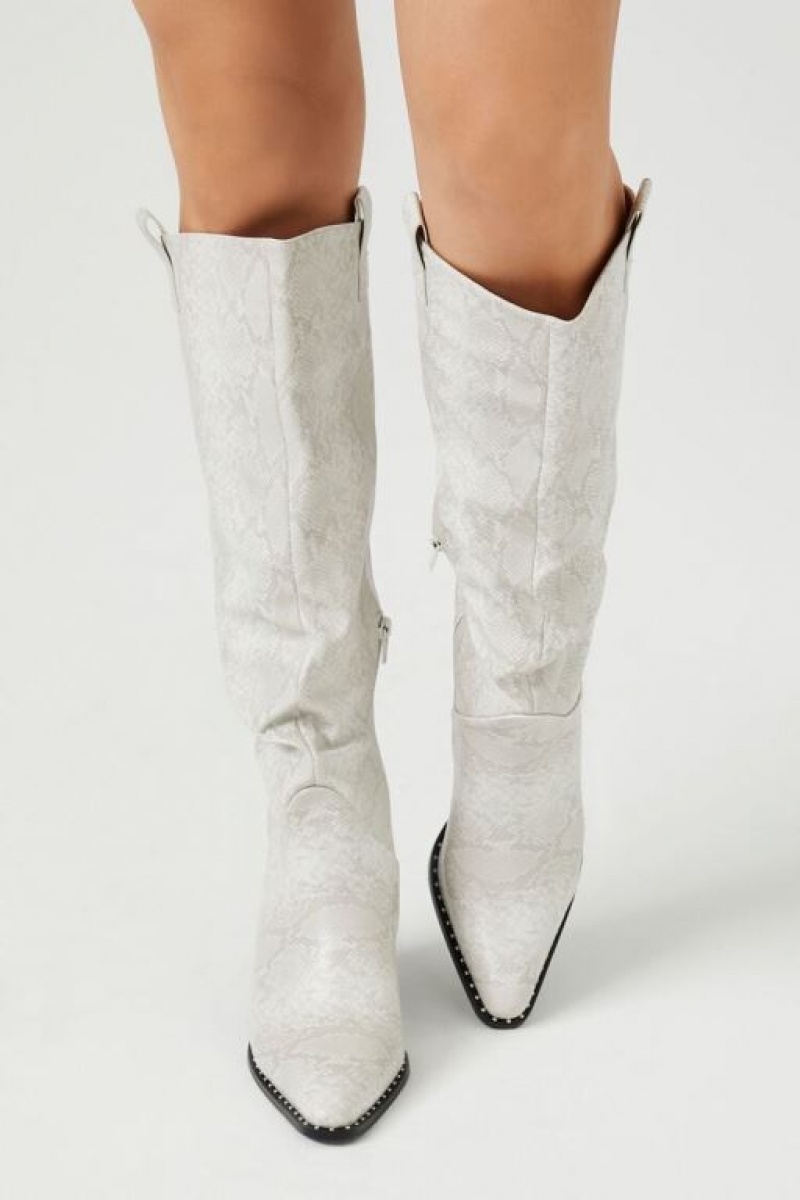 Botas Forever 21 Faux Snakeskin Cowboy Mujer Blancas | nW3DewgjnG4