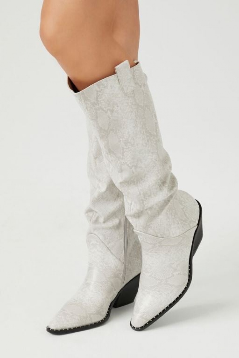 Botas Forever 21 Faux Snakeskin Cowboy Mujer Blancas | nW3DewgjnG4