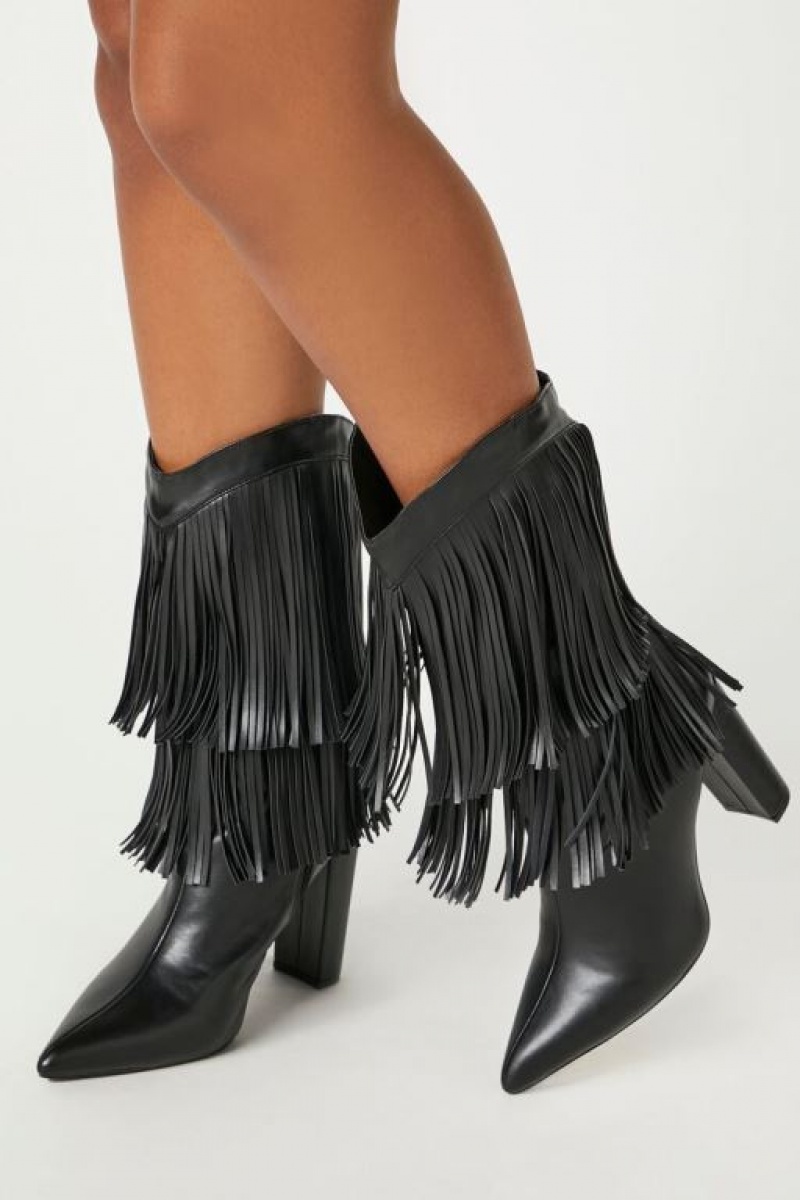 Botas Forever 21 Fringe Block Heel Mujer Negras | aMft0f1XRvc