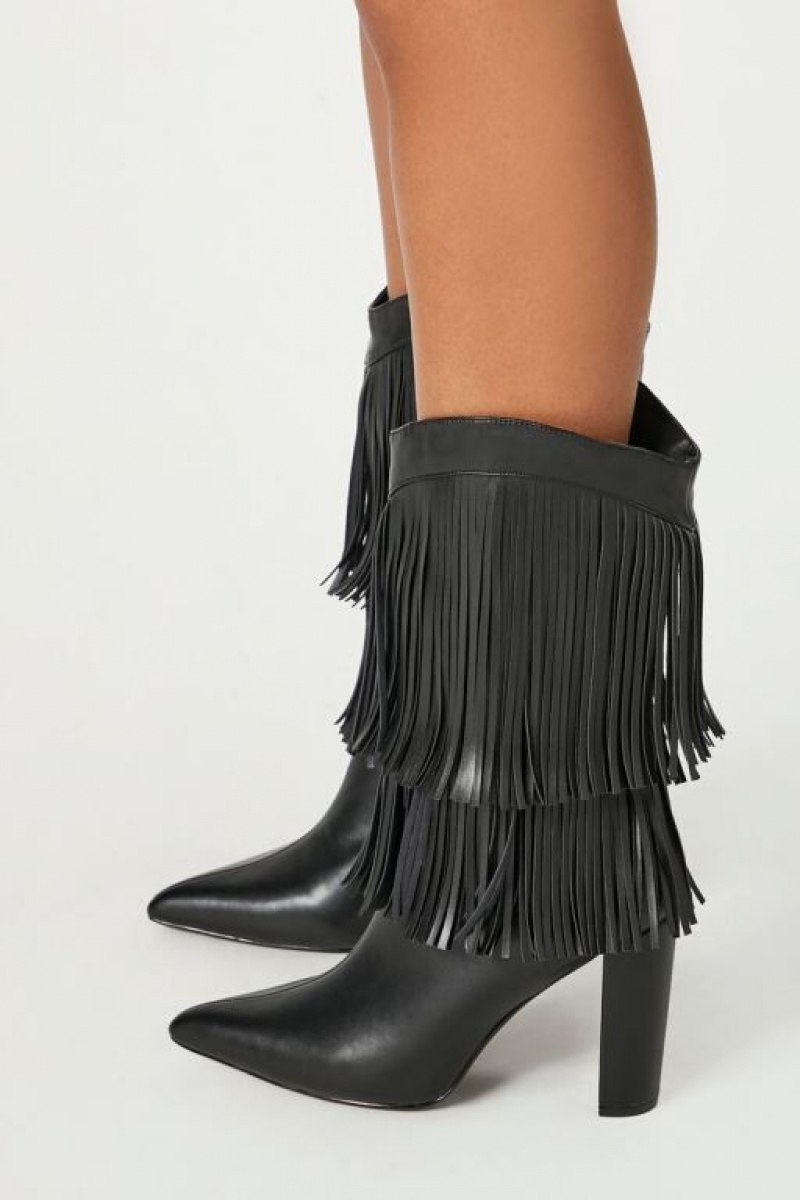 Botas Forever 21 Fringe Block Heel Mujer Negras | aMft0f1XRvc