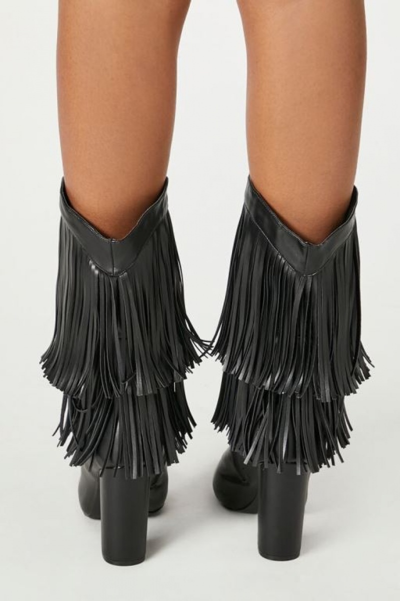 Botas Forever 21 Fringe Block Heel Mujer Negras | aMft0f1XRvc