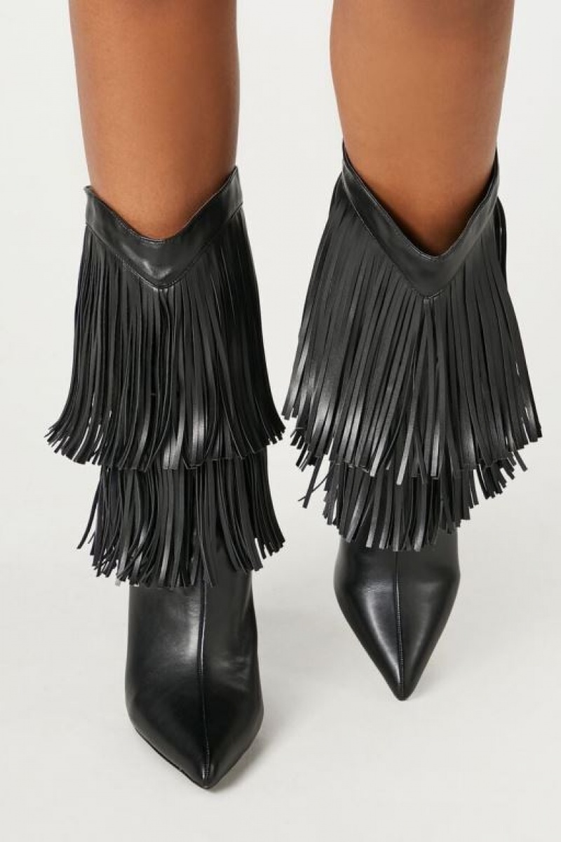 Botas Forever 21 Fringe Block Heel Mujer Negras | aMft0f1XRvc