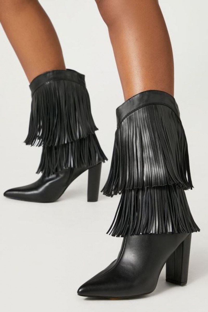 Botas Forever 21 Fringe Block Heel Mujer Negras | aMft0f1XRvc