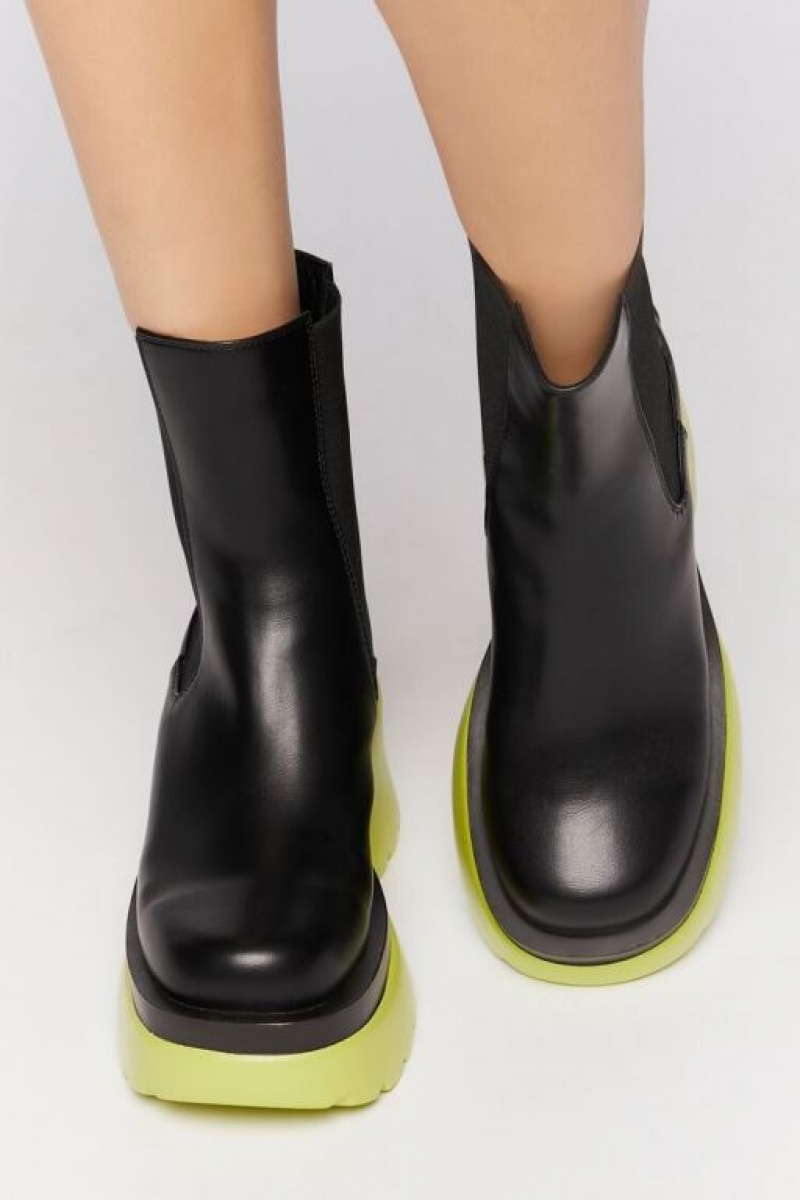 Botas Forever 21 Lug Sole Chelsea Mujer Negras Verde Claro | yNt40VqBEw5