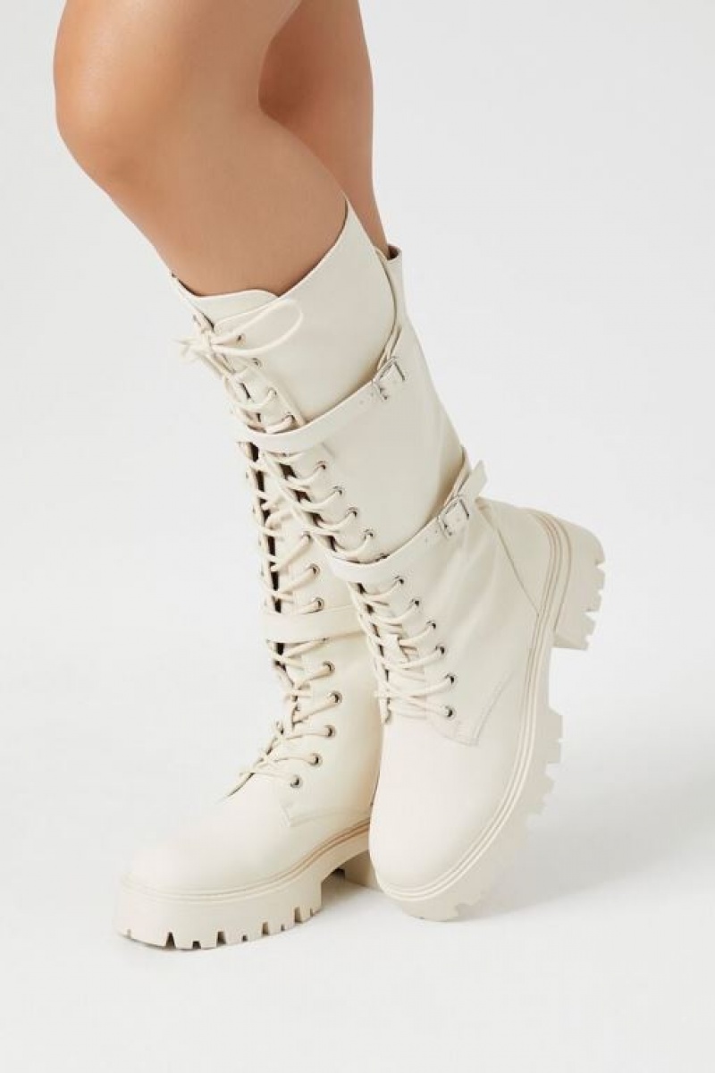 Botas Forever 21 Lug Sole Knee High Combat Mujer Creme | Mb6Jqk0U7k5