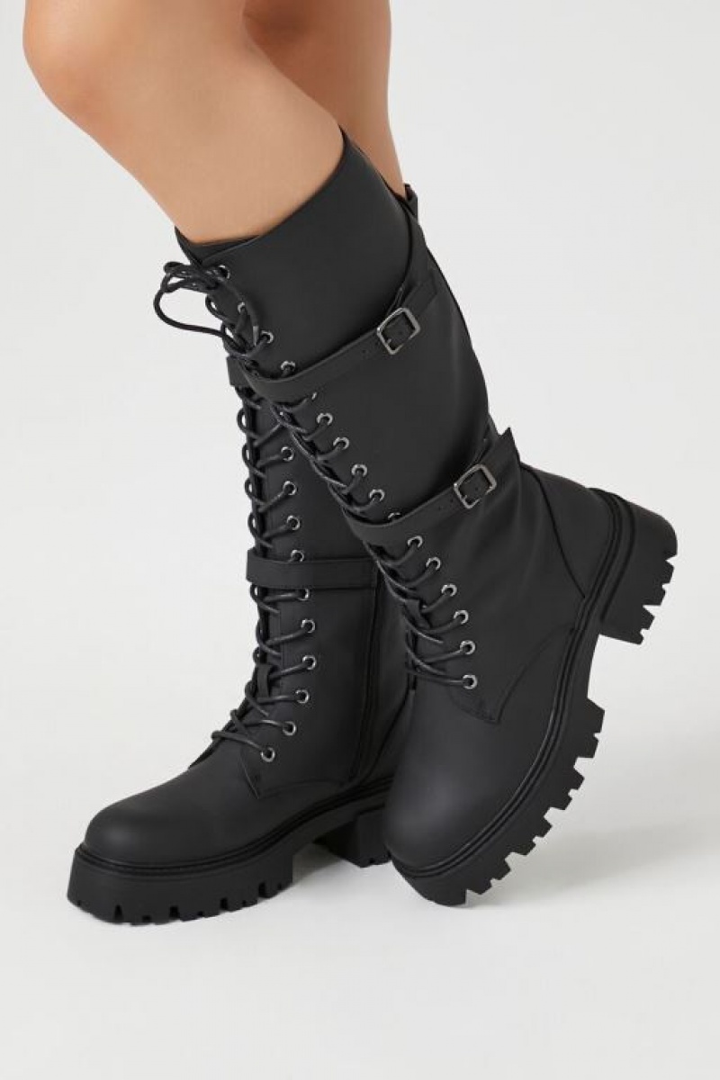 Botas Forever 21 Lug Sole Knee High Combat Mujer Negras | yUEVfgyGTns