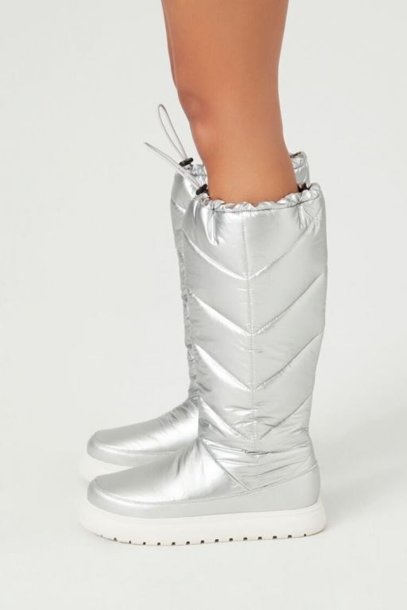 Botas Forever 21 Metallic Chevron Acolchado Mujer Plateadas | XG6LvqAWmh4