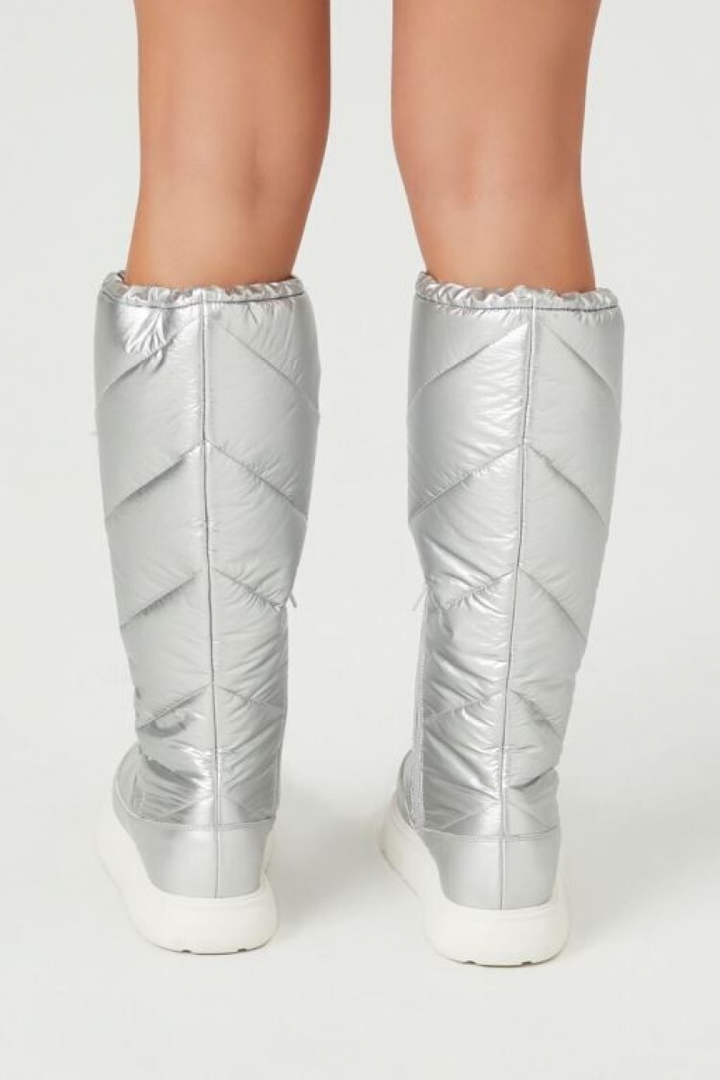 Botas Forever 21 Metallic Chevron Acolchado Mujer Plateadas | XG6LvqAWmh4