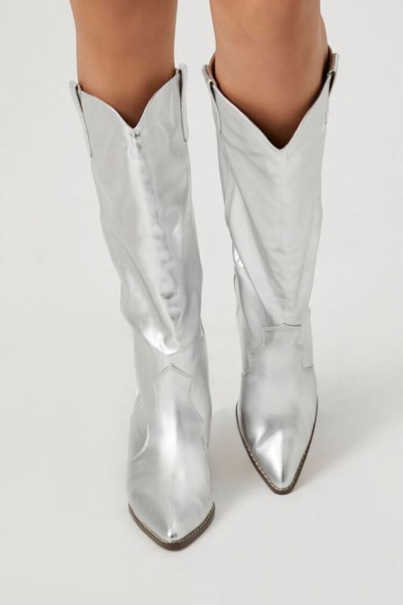 Botas Forever 21 Metallic Faux Cuero Cowboy Mujer Plateadas | 4tpLxk1gRyb