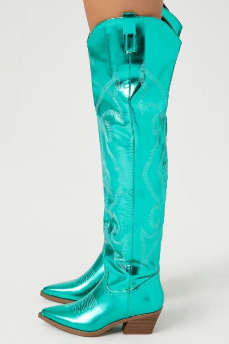 Botas Forever 21 Metallic Knee High Cowboy Mujer Verde | Ge7utsGQcKe