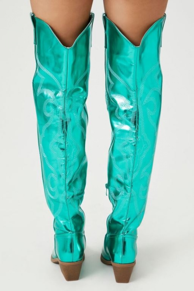 Botas Forever 21 Metallic Knee High Cowboy Mujer Verde | Ge7utsGQcKe