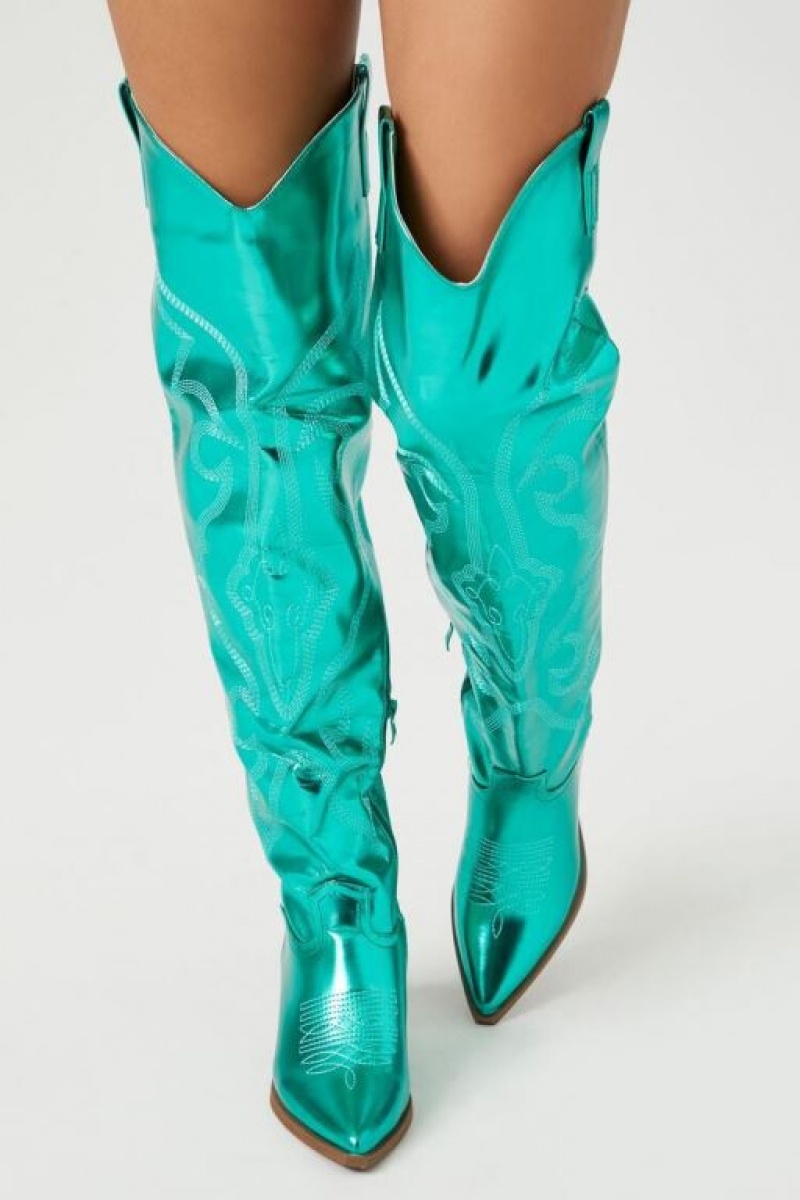 Botas Forever 21 Metallic Knee High Cowboy Mujer Verde | Ge7utsGQcKe