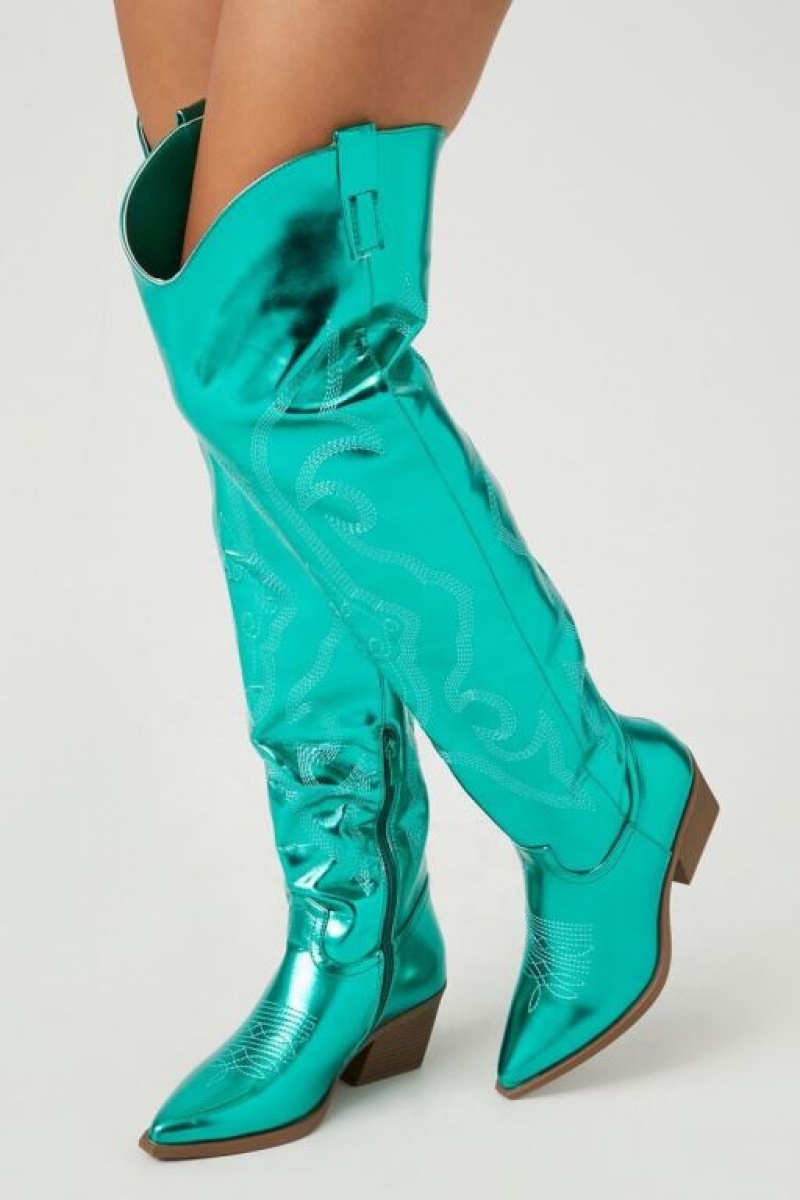 Botas Forever 21 Metallic Knee High Cowboy Mujer Verde | Ge7utsGQcKe