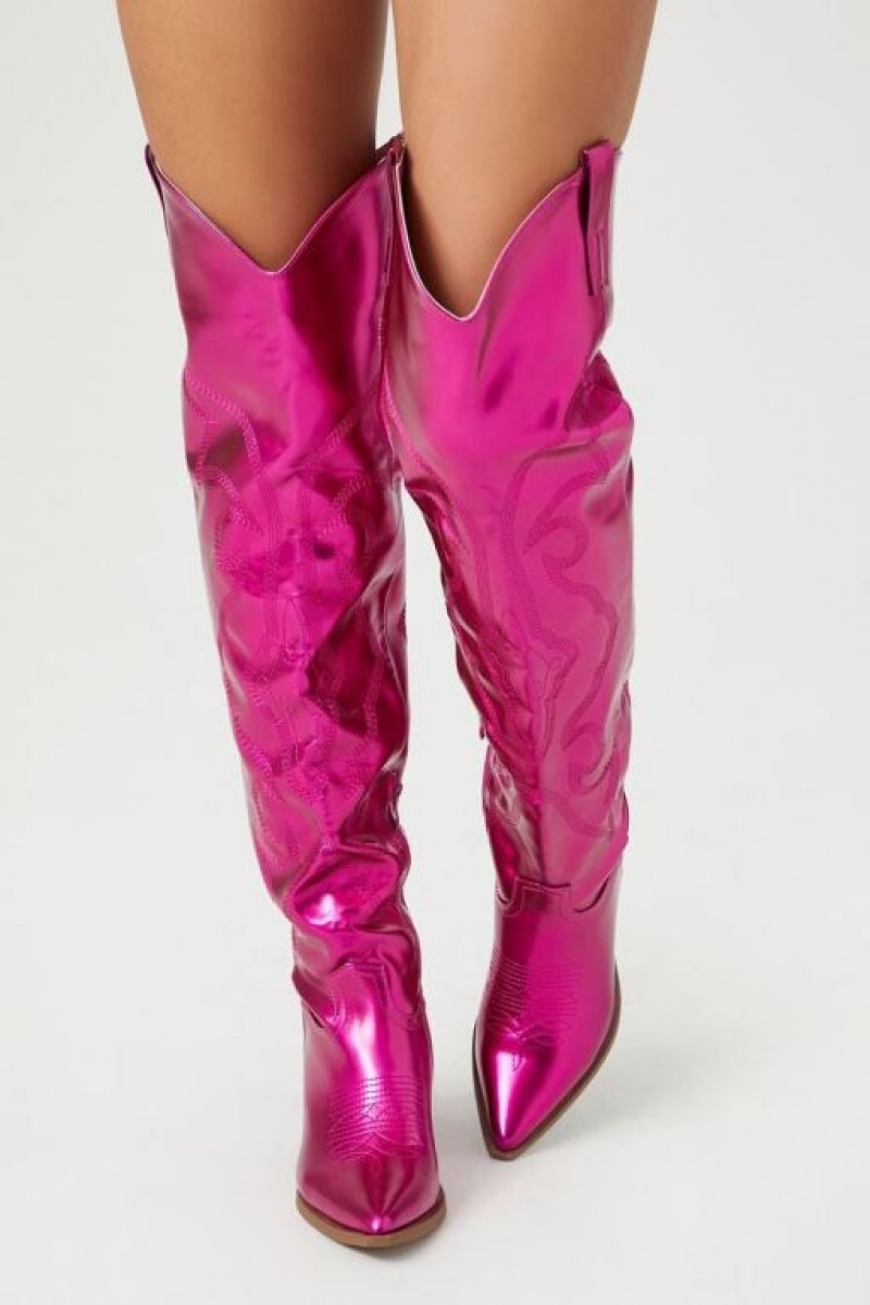 Botas Forever 21 Metallic Knee High Cowboy Mujer Rosas | d73JrLRXgNq